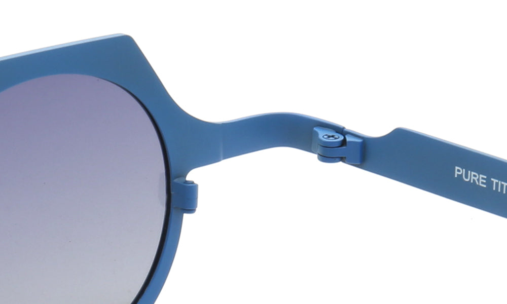 Inner hinge of blue titanium sunglasses