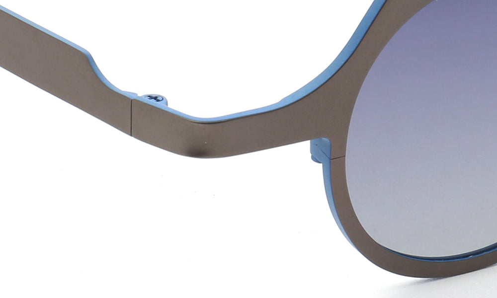 Outer hinge of grey and blue titanium sunglasses