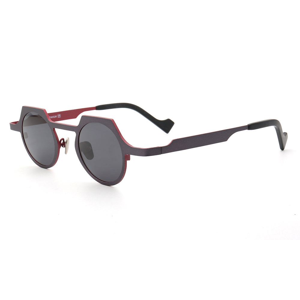 Side view of grey and red titanium sunglasses