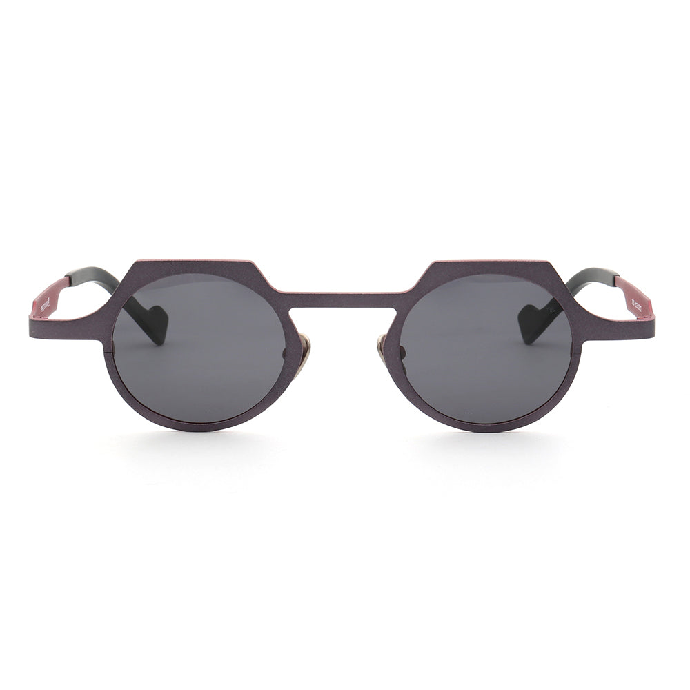 Front view of red and grey titanium sunglasses