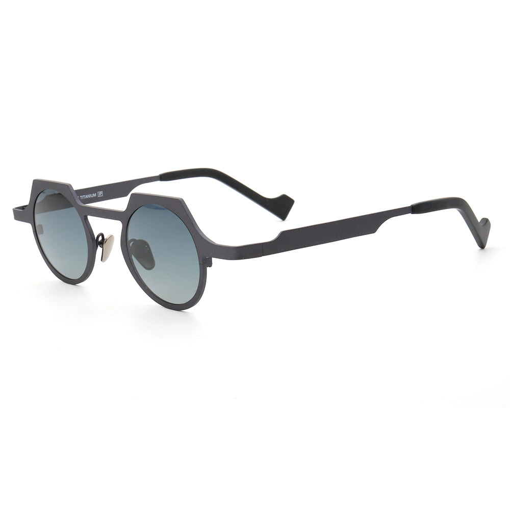 Side view of round gunmetal sunglasses