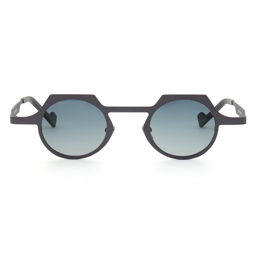 Front view of round titanium sunglasses