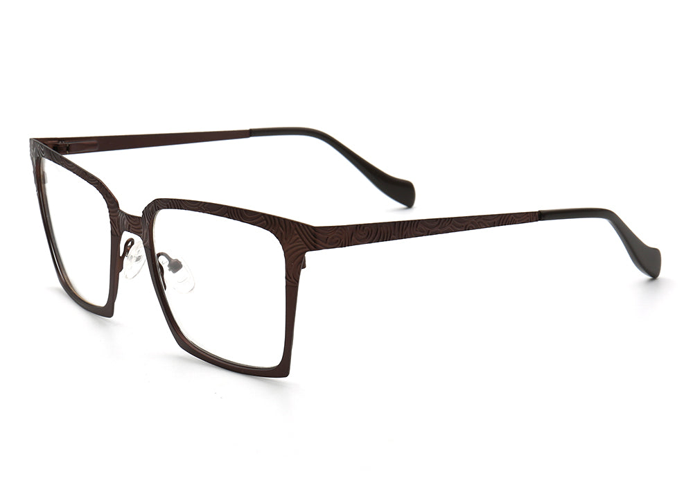 Side view of brown square stainless steel eyeglass frames