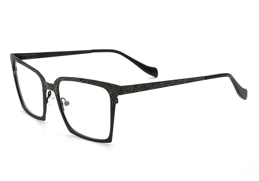 Side view of black square stainless steel eyeglasses