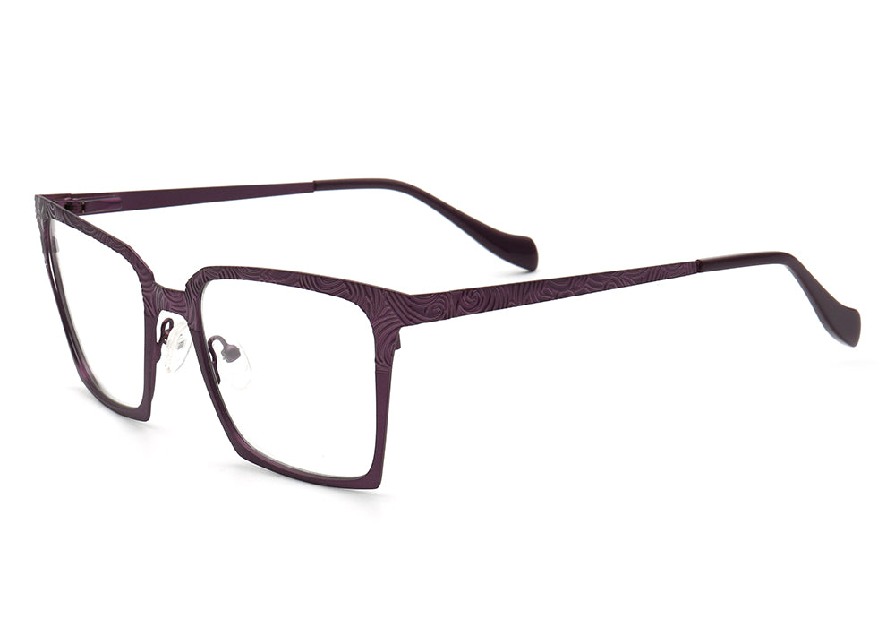 Side view of purple square stainless steel eyeglasses