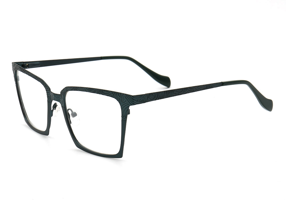 Side view of teal patterned stainless steel eyeglasses