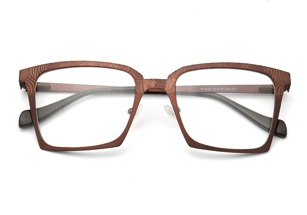 A pair of brown square stainless steel eyeglass frames