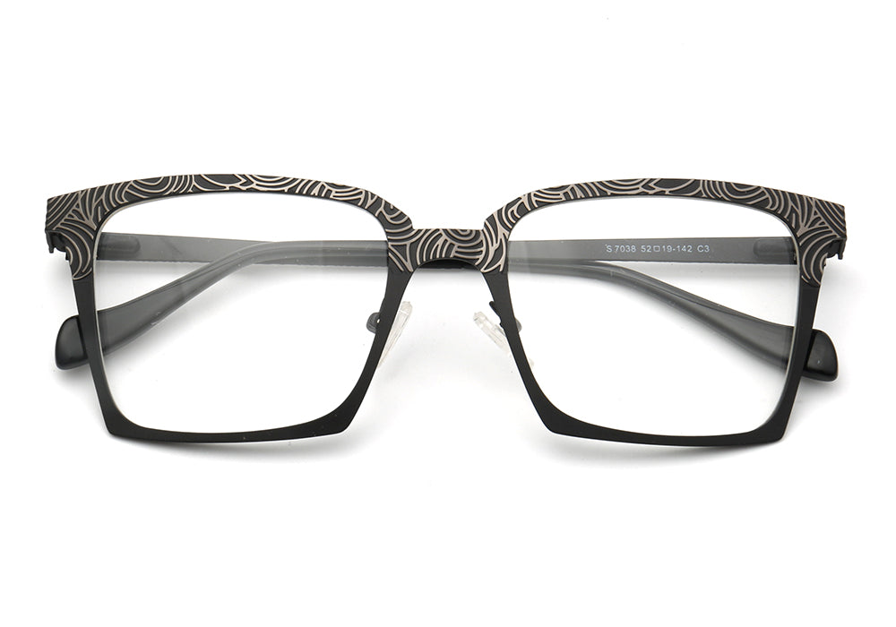 A pair of black square stainless steel eyeglass frames