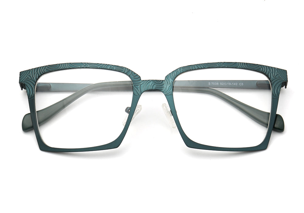 A pair of teal patterned stainless steel eyeglasses