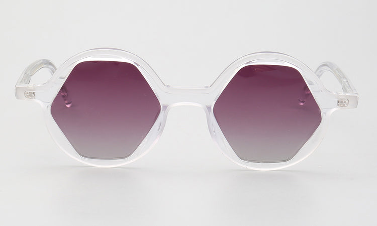 Front view of clear hexagon polarized sunglasses