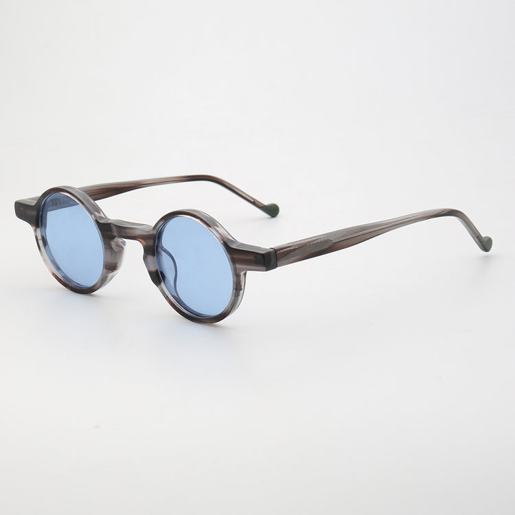 Side view of blue round polarized sunglasses