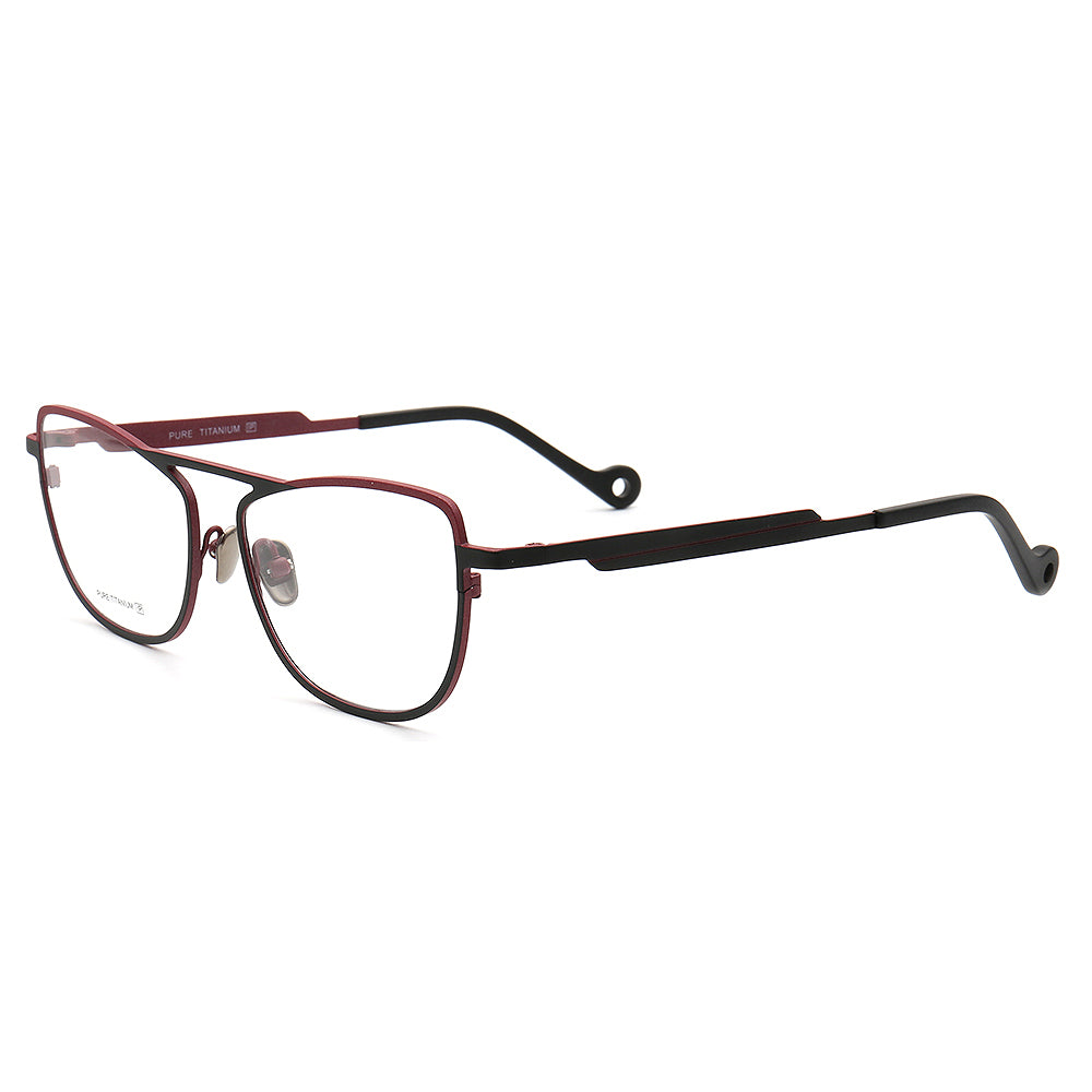 Side view of flat top multicolored titanium eyeglasses for women