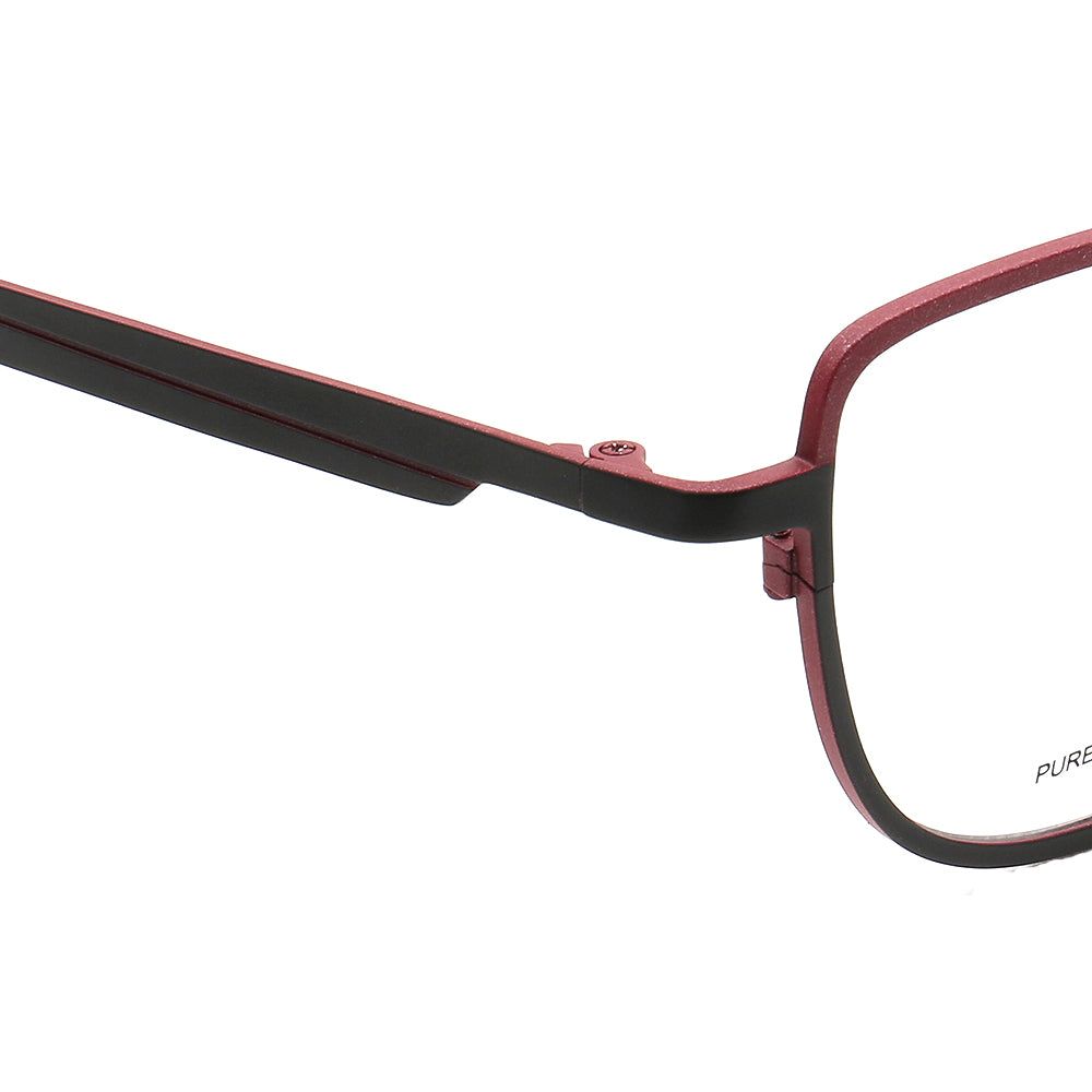 Temple of multicolored flat top titanium eyeglasses.