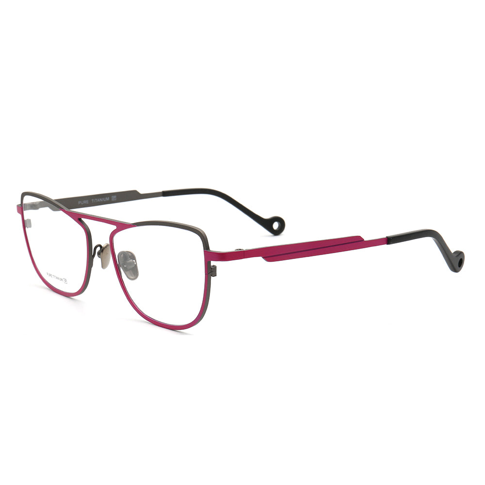 Side view of pink and grey flat top titanium eyeglasses for women