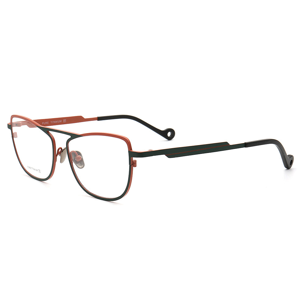 Side view of green and orange flat top titanium eyeglasses