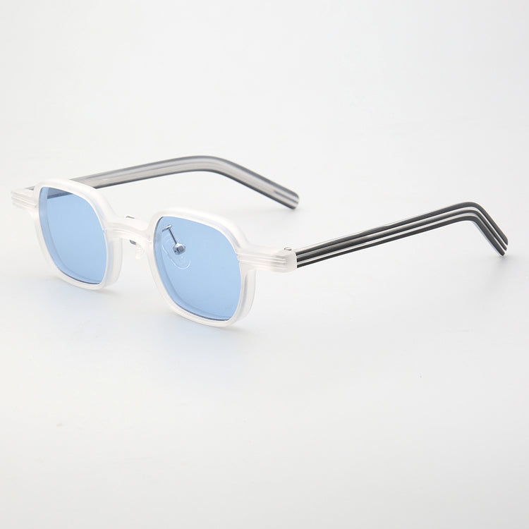 Side view of clear blue polarized sunglasses