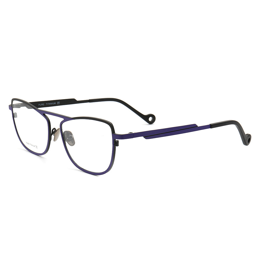 Side view of purple flat top titanium eyeglasses for women