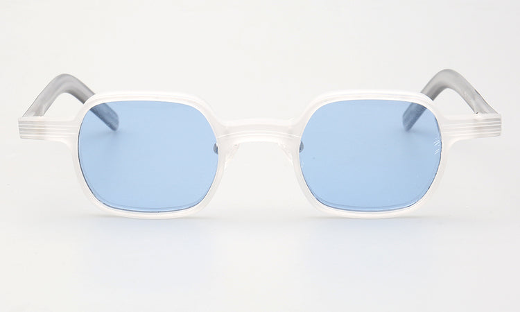 Front view of clear blue polarized sunglasses