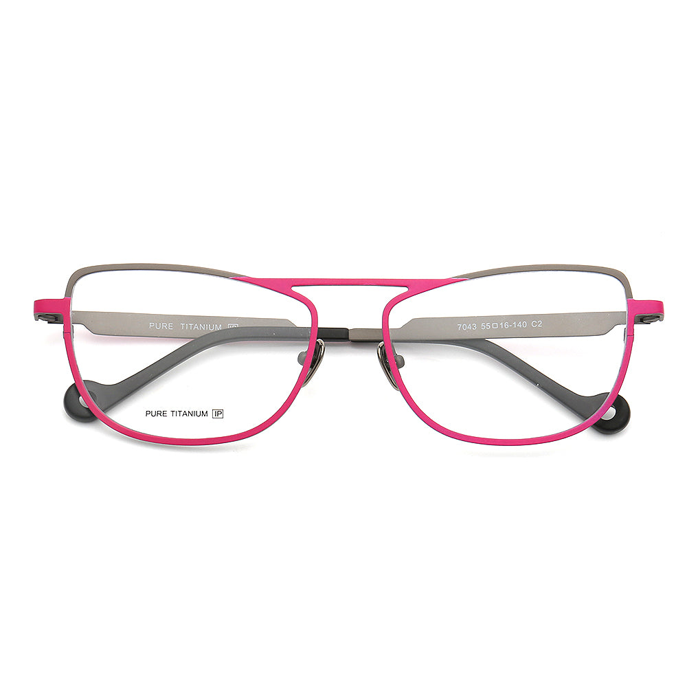 Pink and grey flat top titanium eyeglasses for women