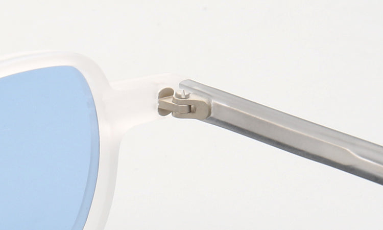 Inner hinge of clear blue polarized sunglasses