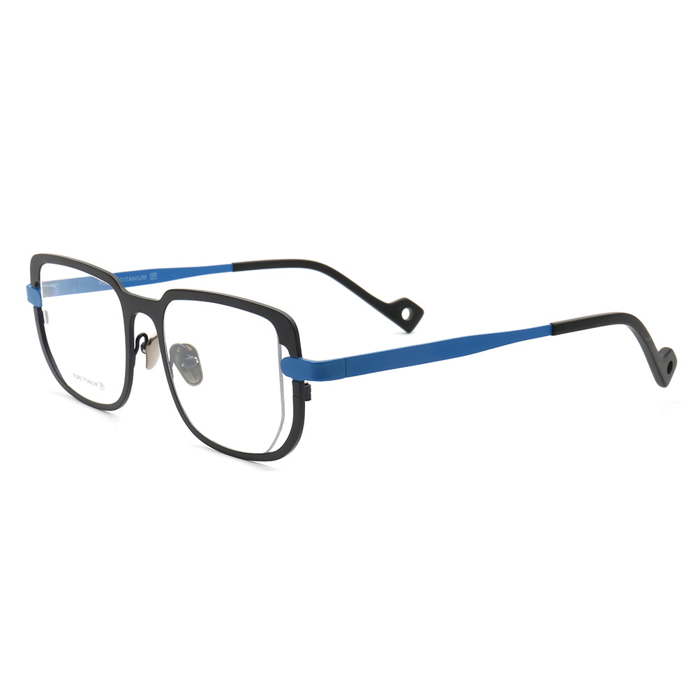 Side view of blue square modern titanium eyeglass frames
