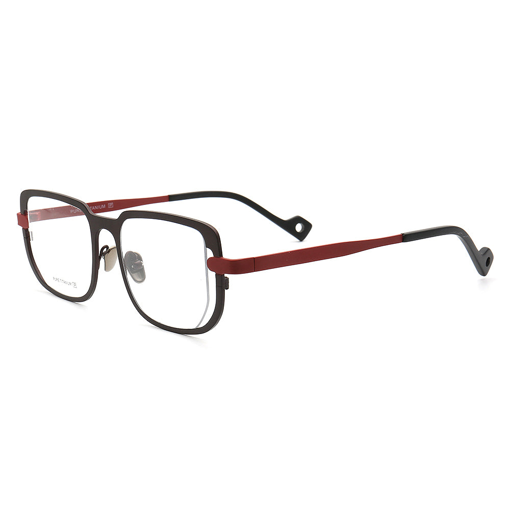 Side view of red modern square titanium eyeglass frames