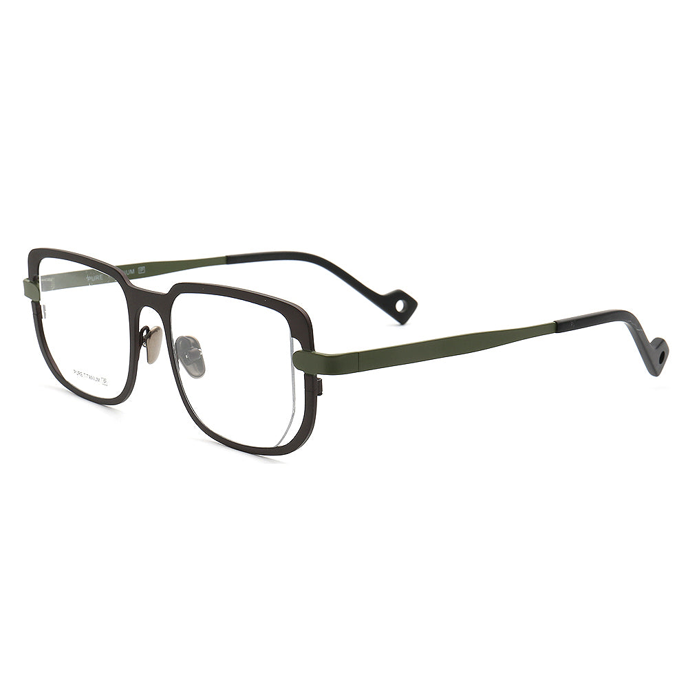 Side view of green modern square titanium eyeglasses