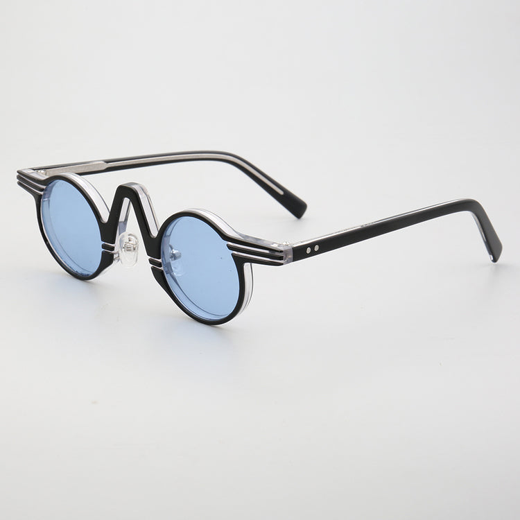 Side view of blue round polarized sunglasses