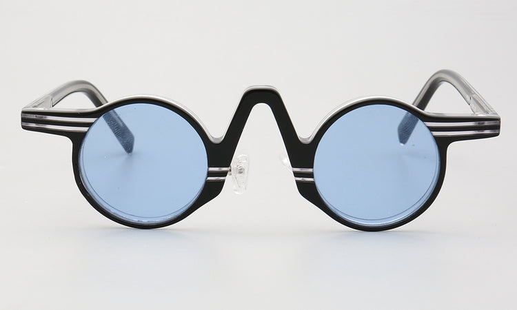 Front view of blue round polarized sunglasses