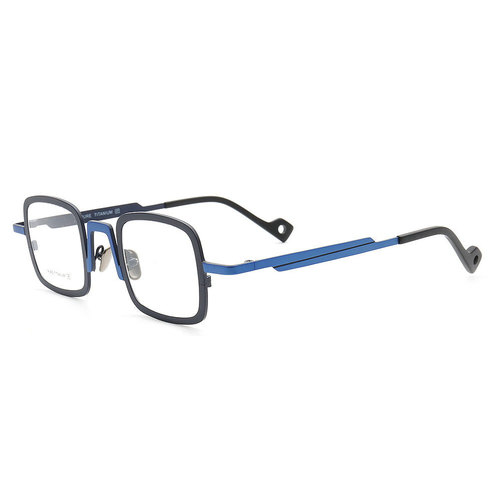 Side view of blue nerd style eyeglass frames