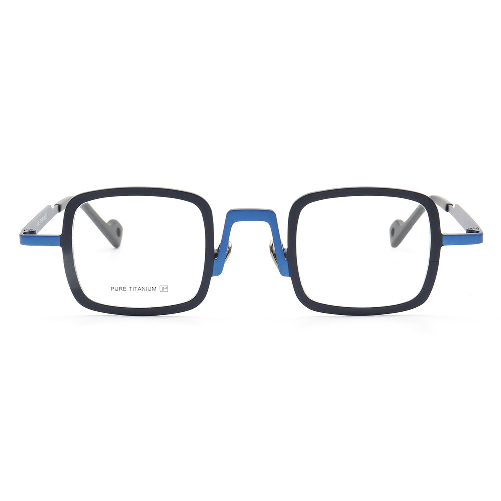 Front view of blue square titanium eyeglasses