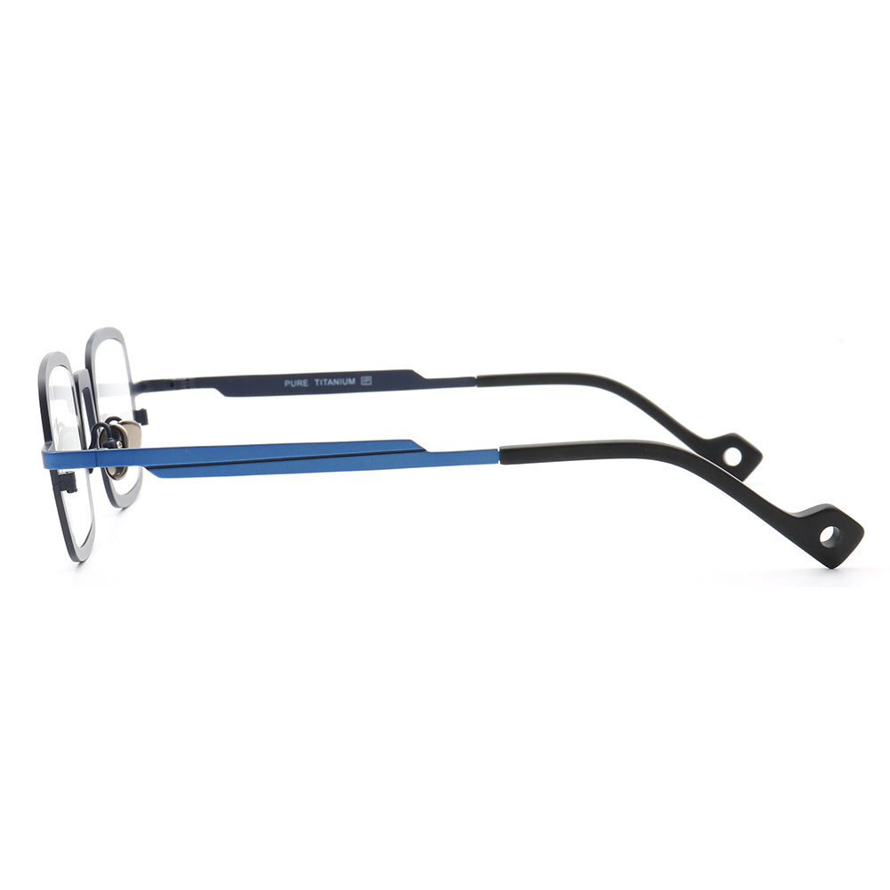 Side view of blue titanium eyeglasses