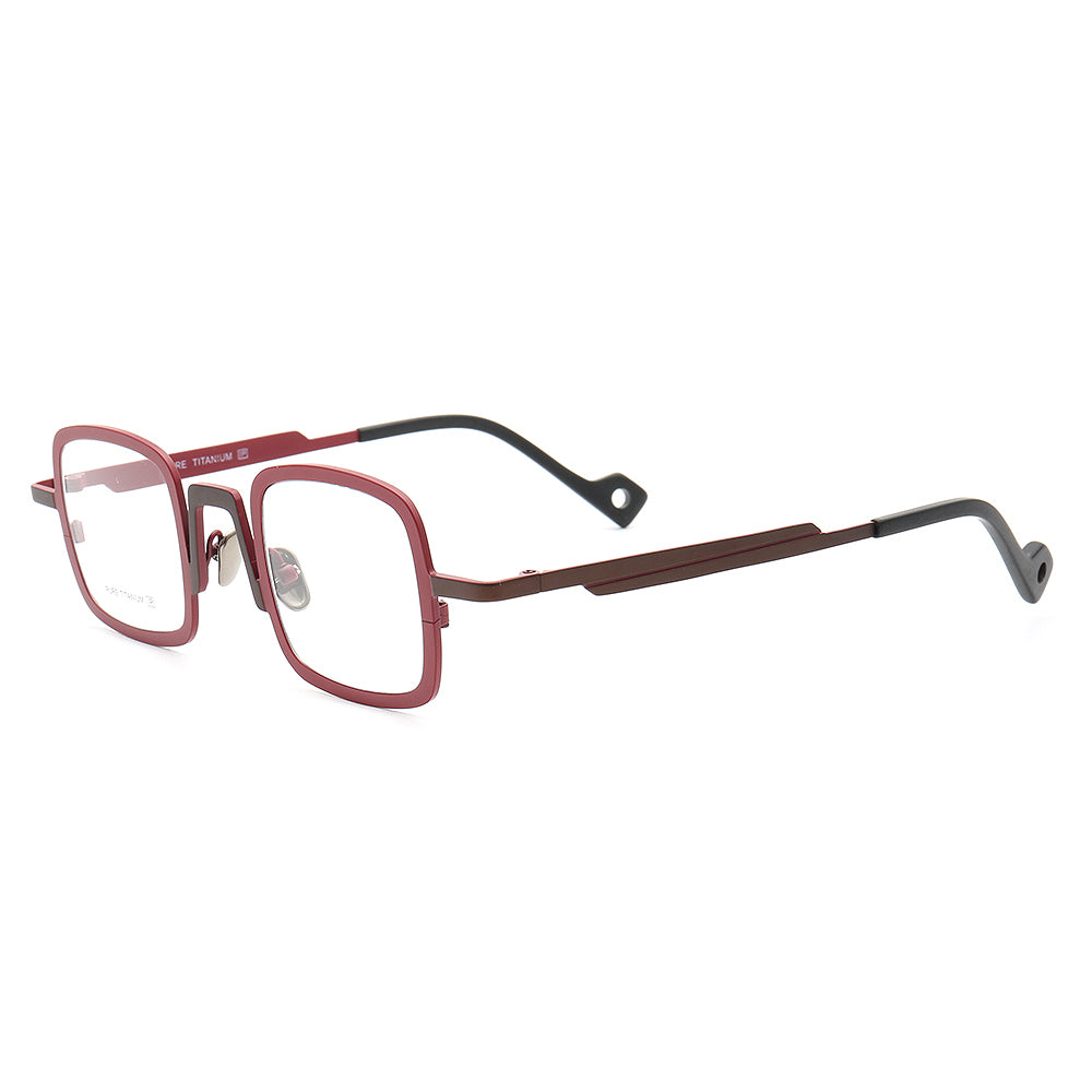 Side view of red nerd style eyeglass frames