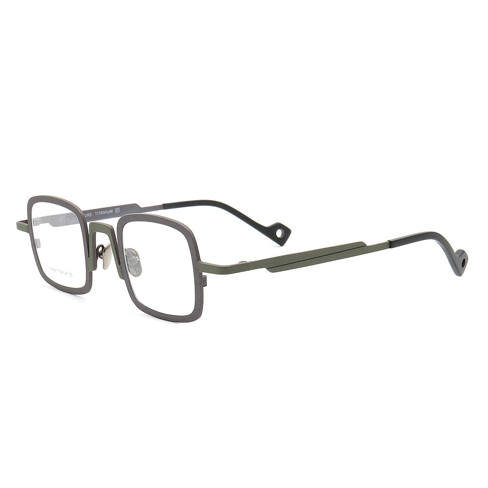 Side view of grey and green nerd style eyeglass frames