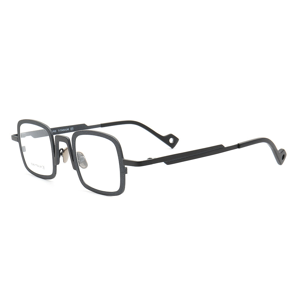 Side view of grey and black nerd style eyeglass frames