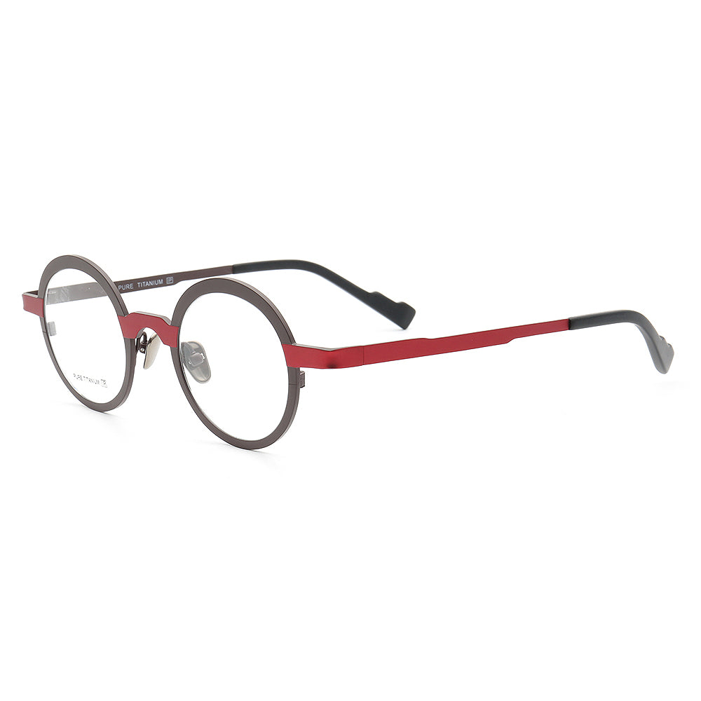 Side view of round red and black titanium eyeglasses