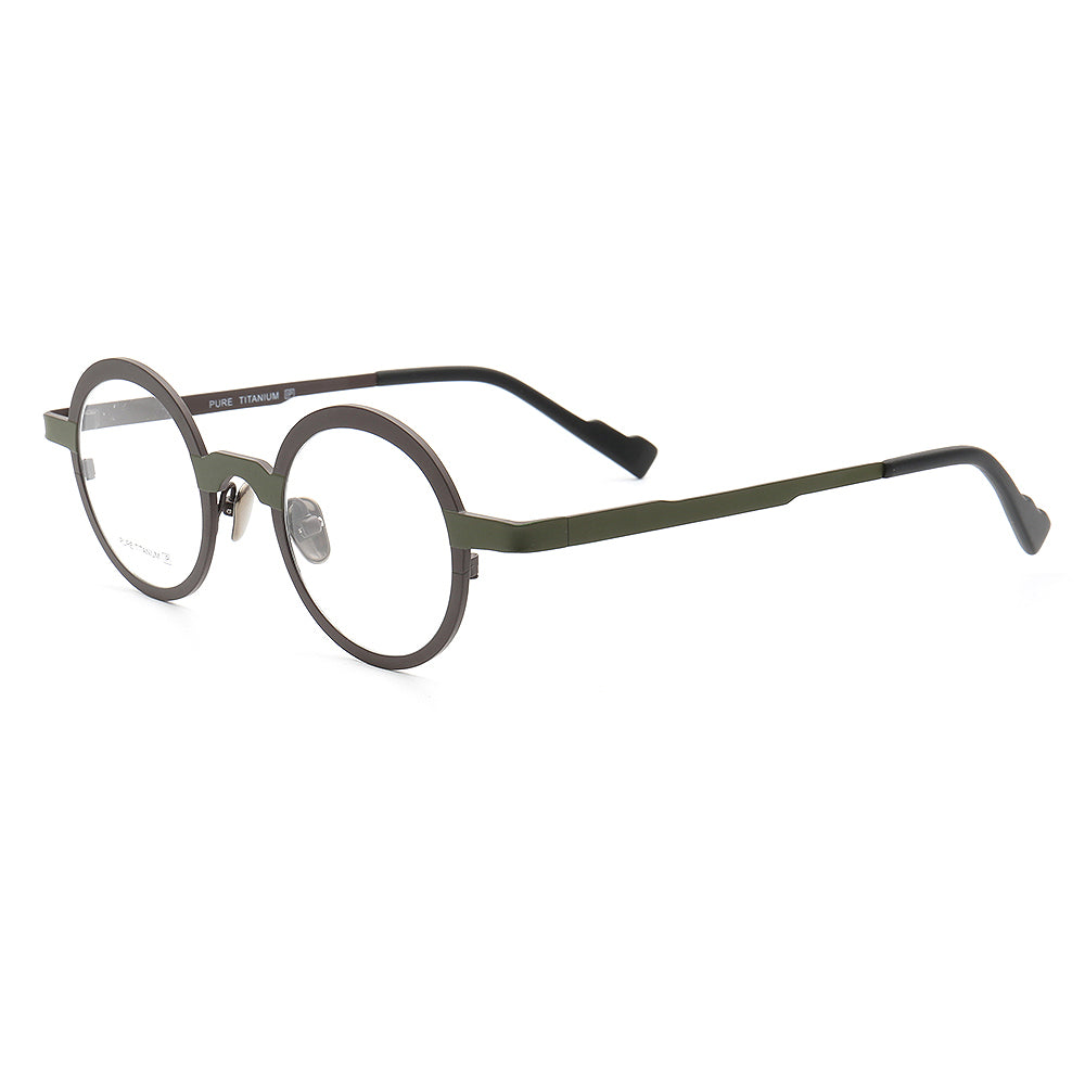 Side view of green and black round titanium eyeglasses