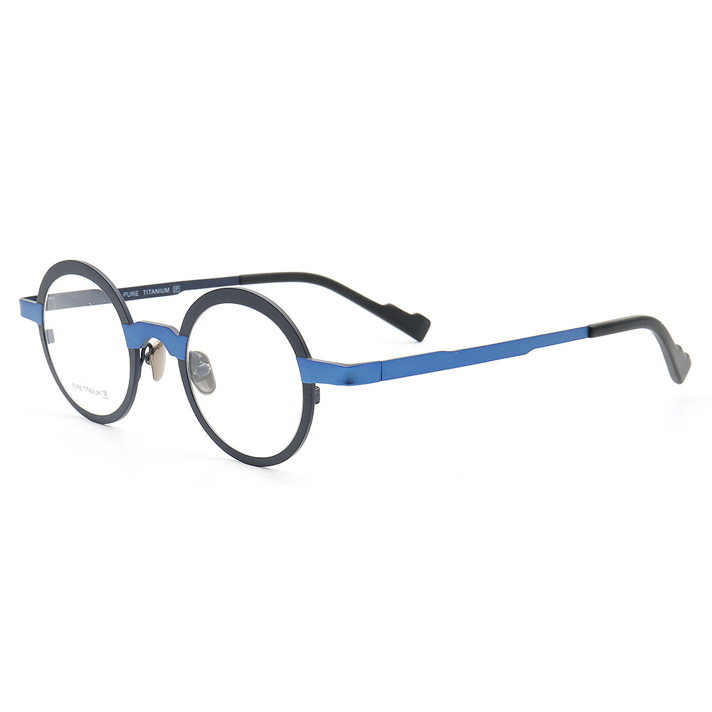 Side view of blue round titanium eyeglasses