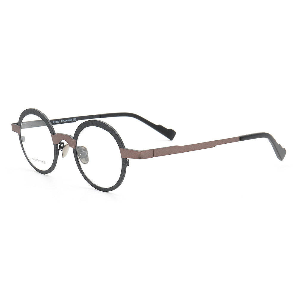 Side view of black and bronze round titanium glasses