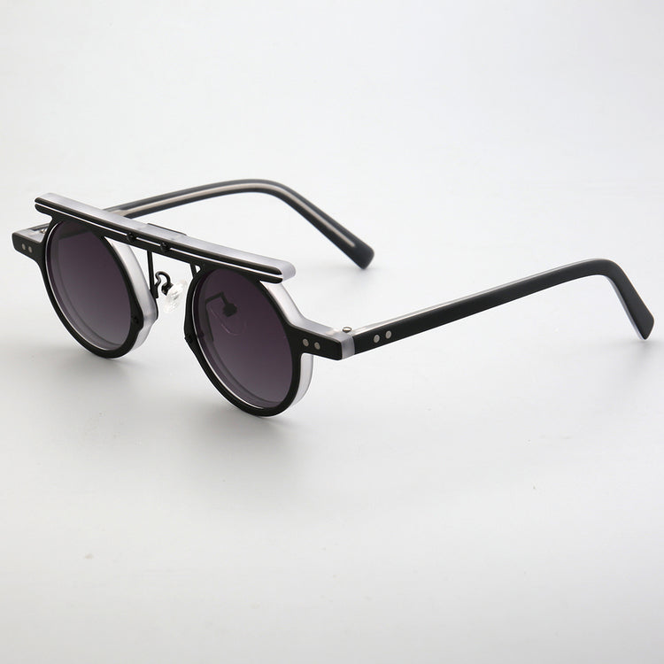 Side view of black and grey flat top sunglasses