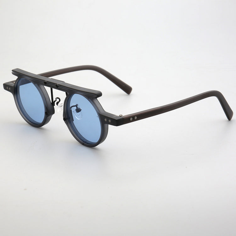 Side view of grey flat top polarized sunglasses