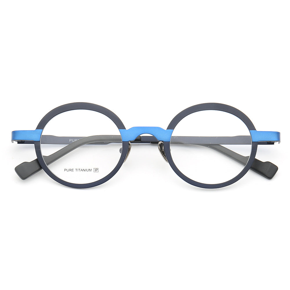 A pair of blue round titanium eyeglasses