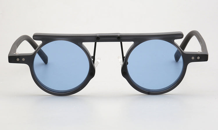 Front view of grey flat top polarized sunglasses