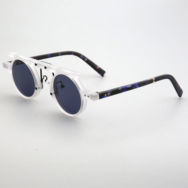 Side view of clear blue polarized flat top sunglasses