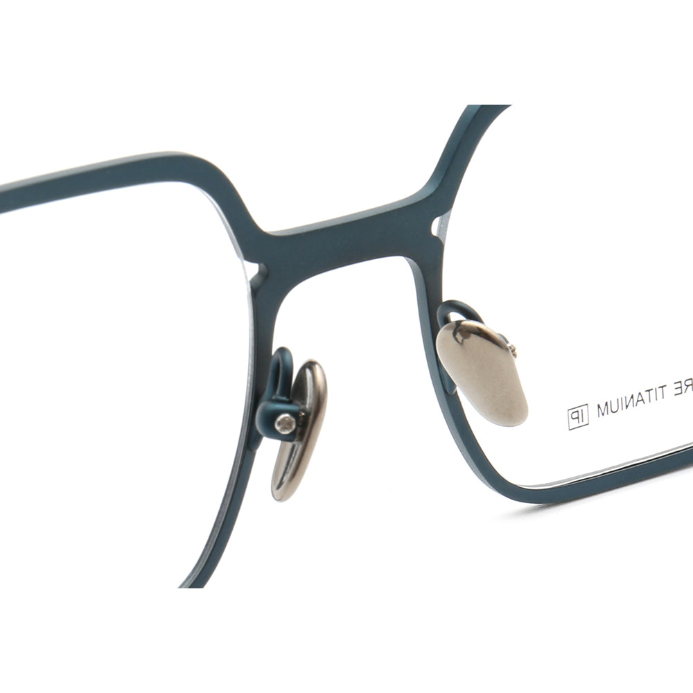 Nose pads of teal square titanium eyeglass frames