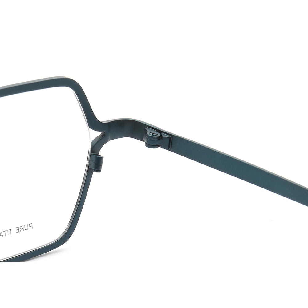 Inner hinge of teal titanium glasses frames