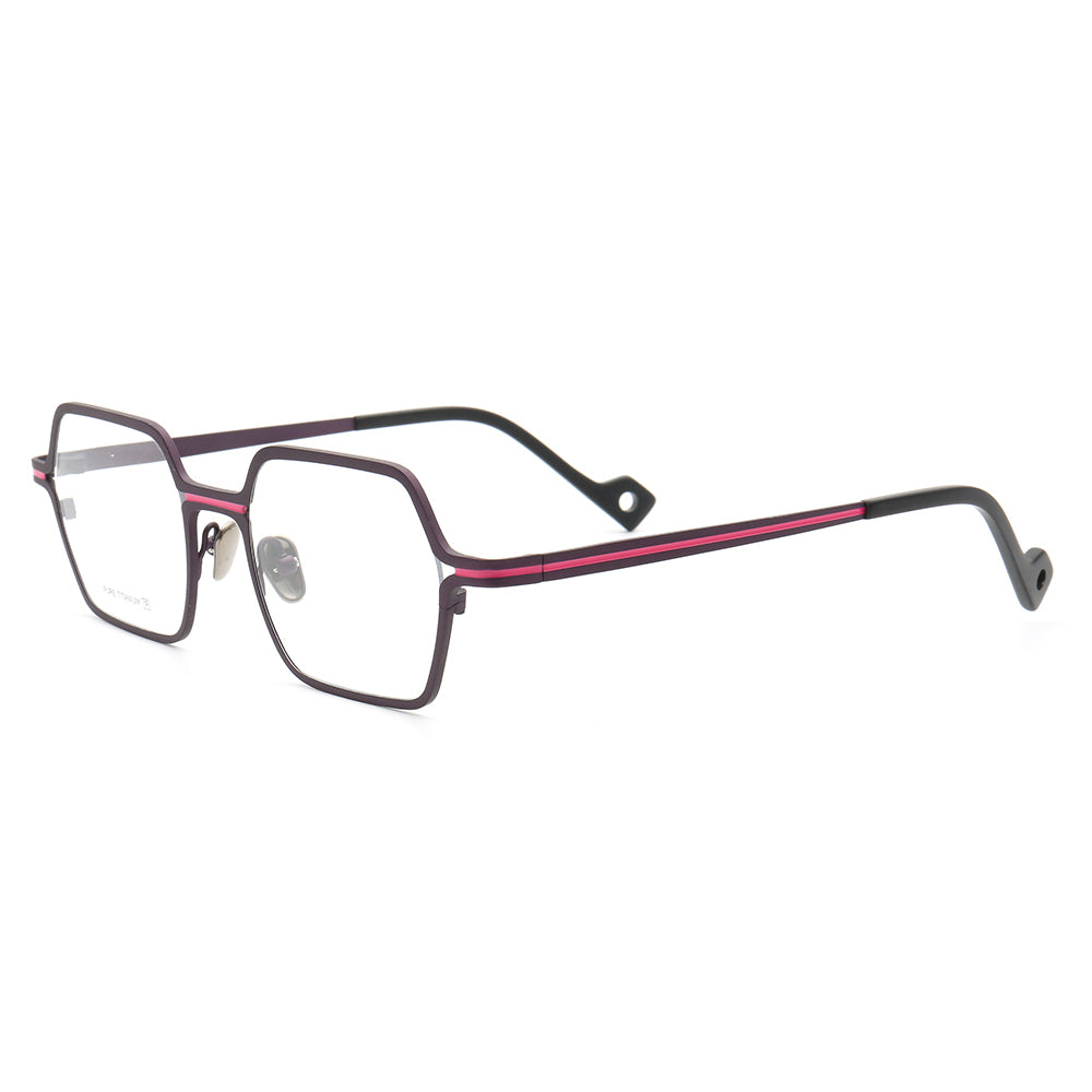 Side view of pink full rim square titanium eyeglasses