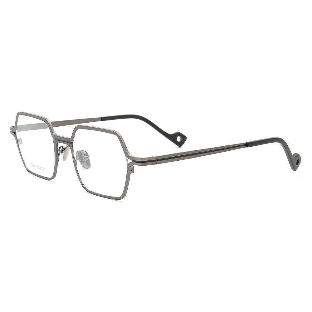 Side view of silver square full rim titanium eyeglass frames