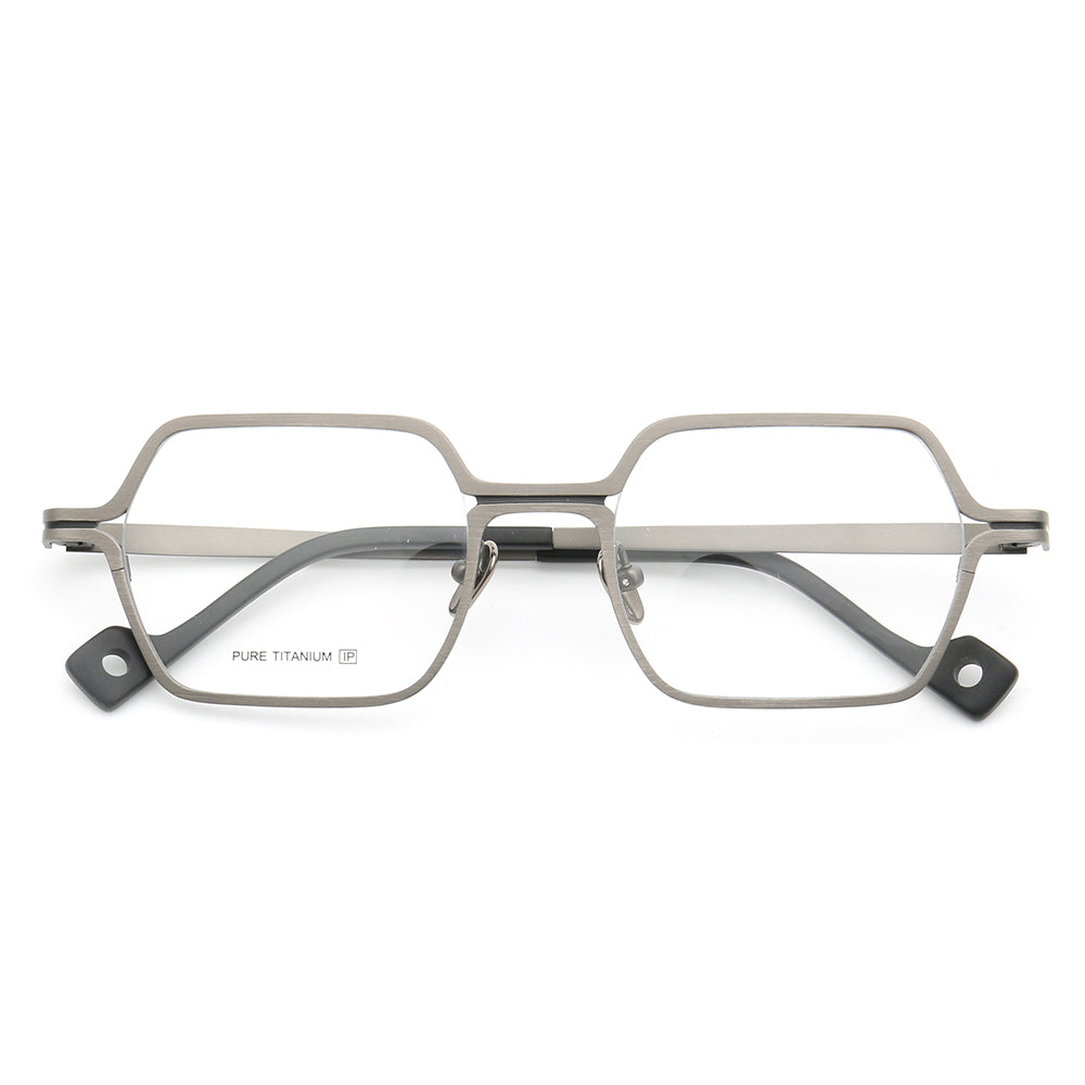 Front view of silver square full rim titanium eyeglass frames