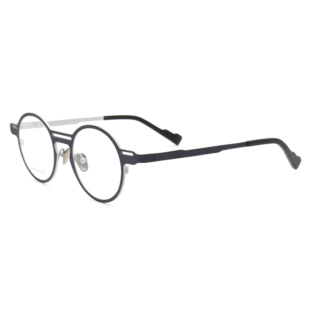 Side view of blue and silver round retro titanium eyeglass frames